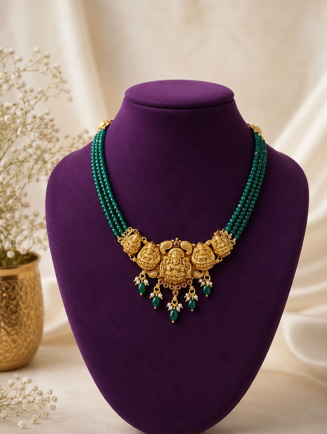 Divine Lakshmi Emerald Beaded Temple Necklace