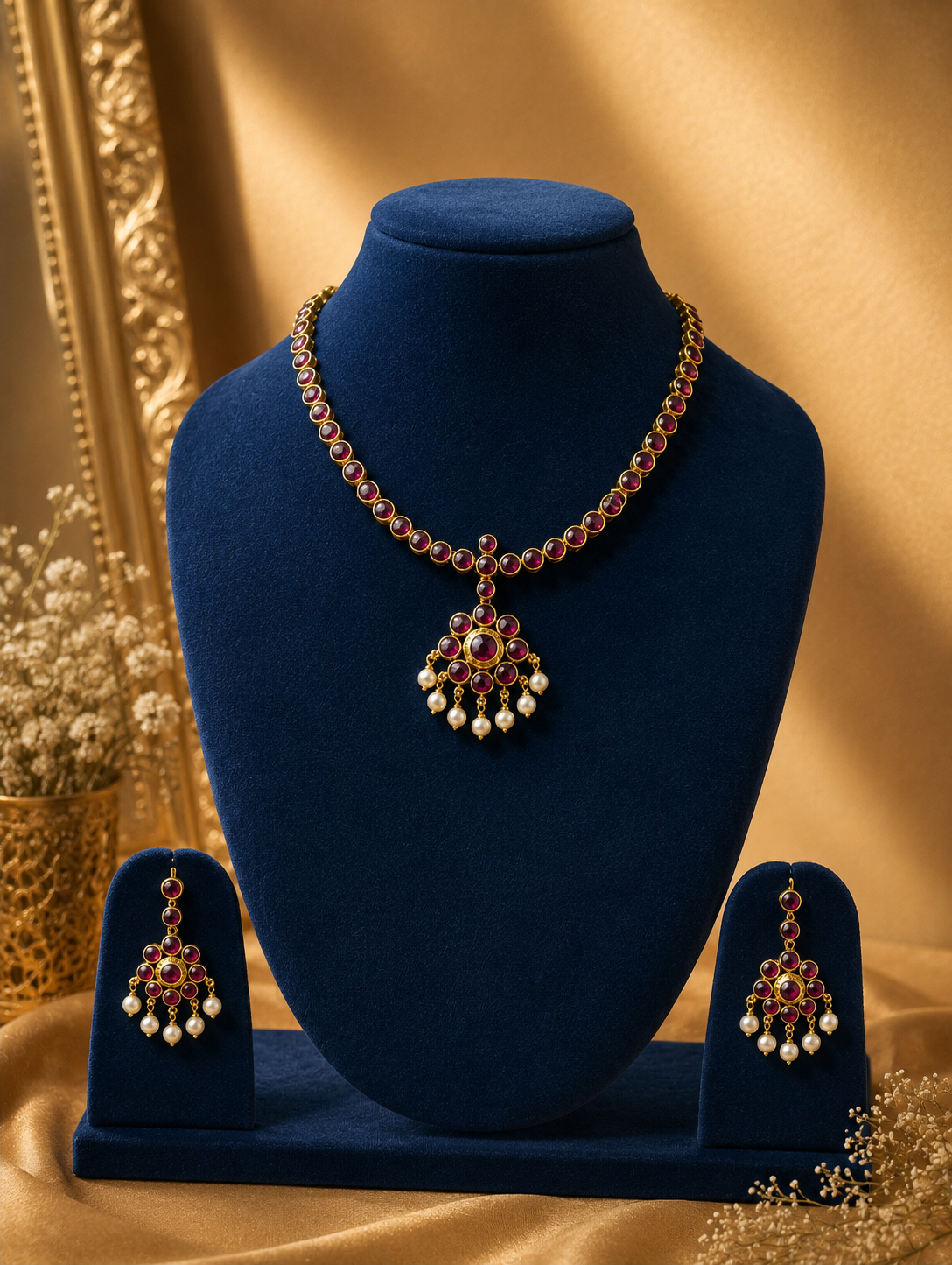 Royal Ruby Pearl Drop Necklace Set
