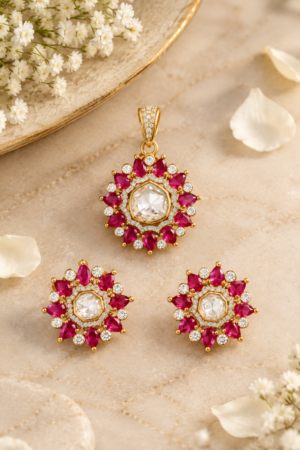 Royal Ruby Sunburst Polki Pendant Set