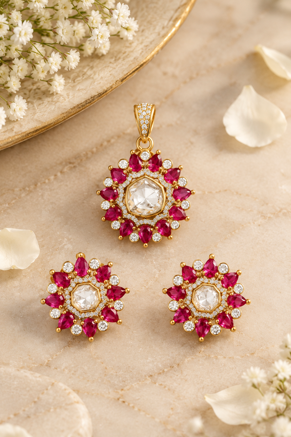 Royal Ruby Sunburst Polki Pendant Set