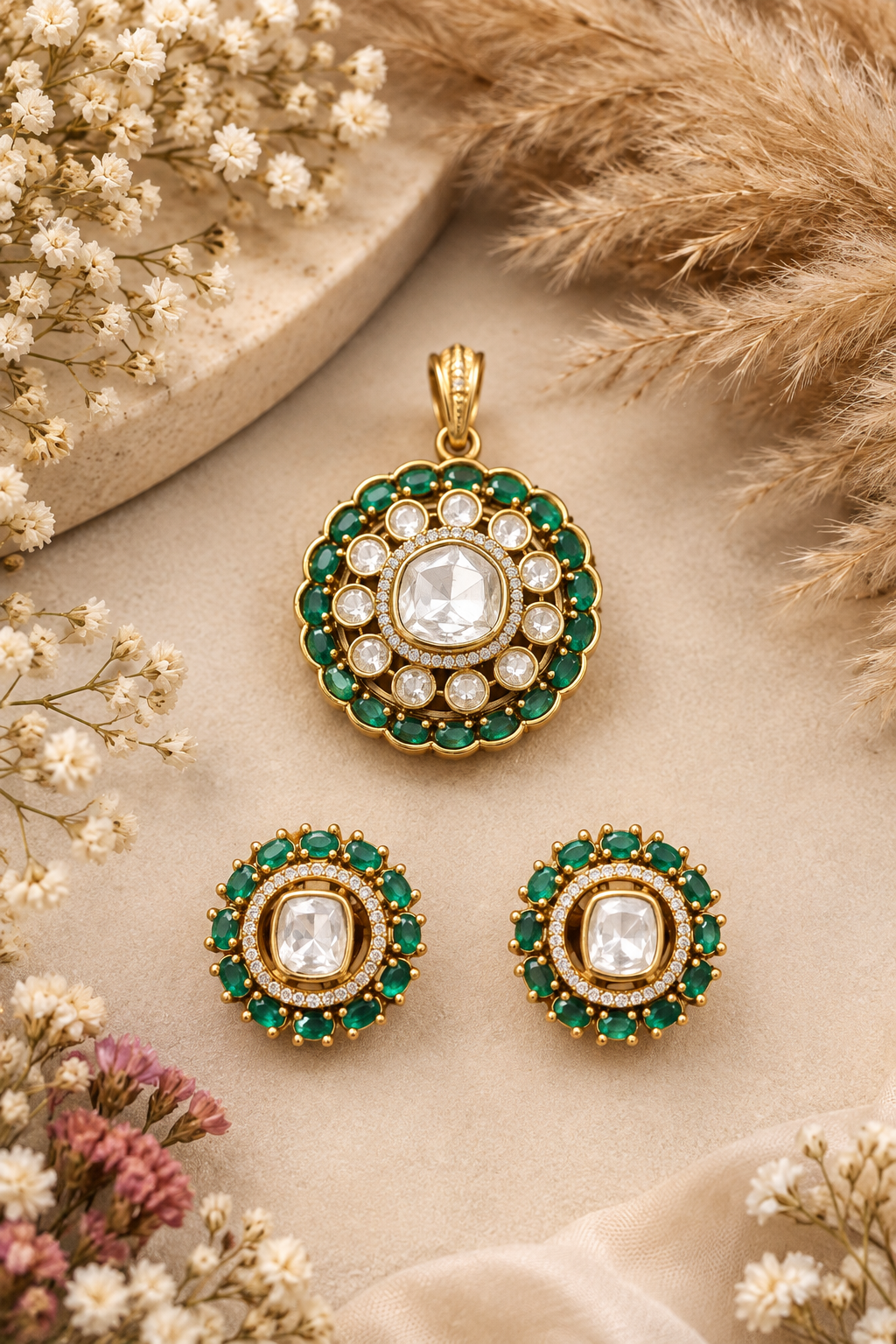 Regal Emerald Halo Polki Pendant Set