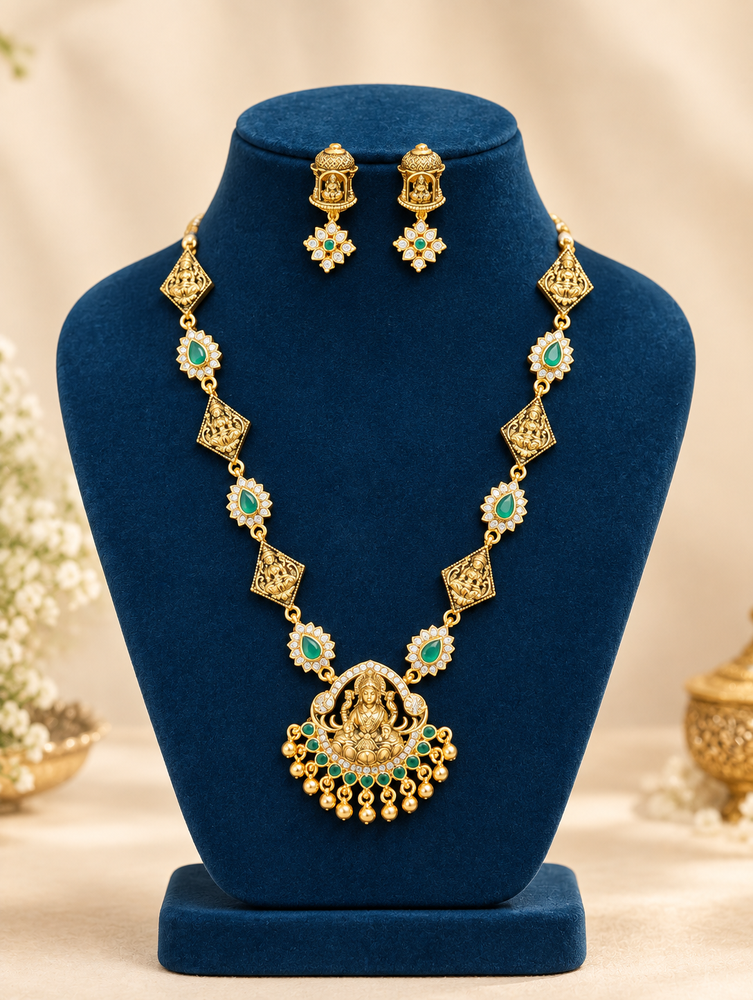 Divine Lakshmi Emerald Temple Haram Set