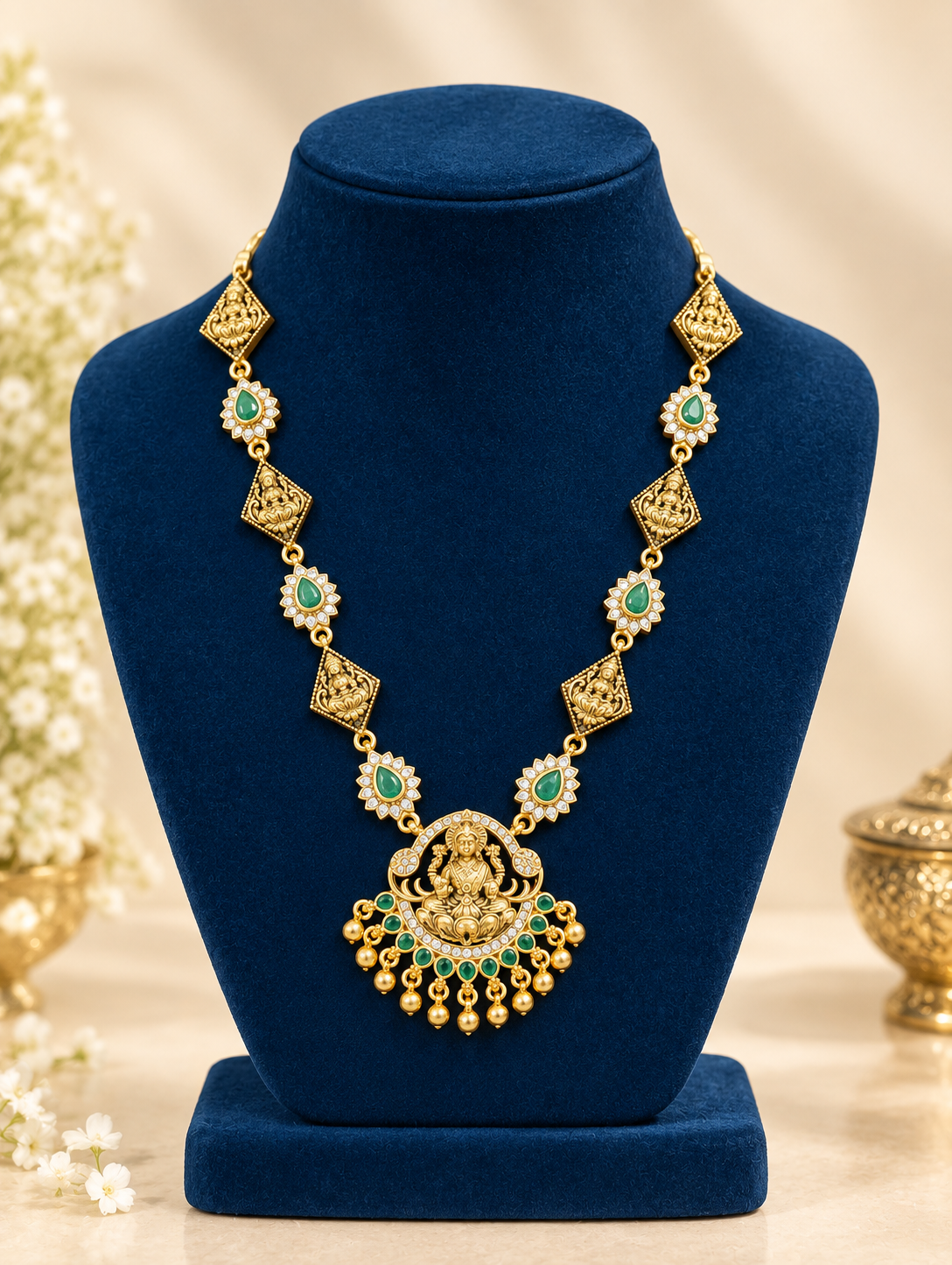 Divine Lakshmi Emerald Temple Haram Set - Image 3