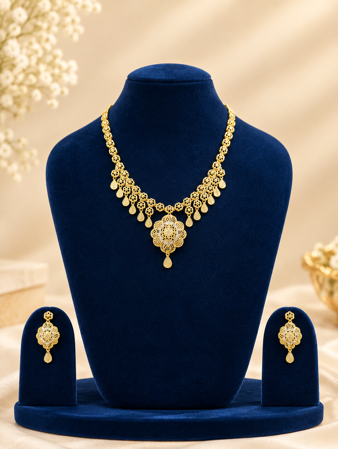 Golden Filigree Floral Necklace Set