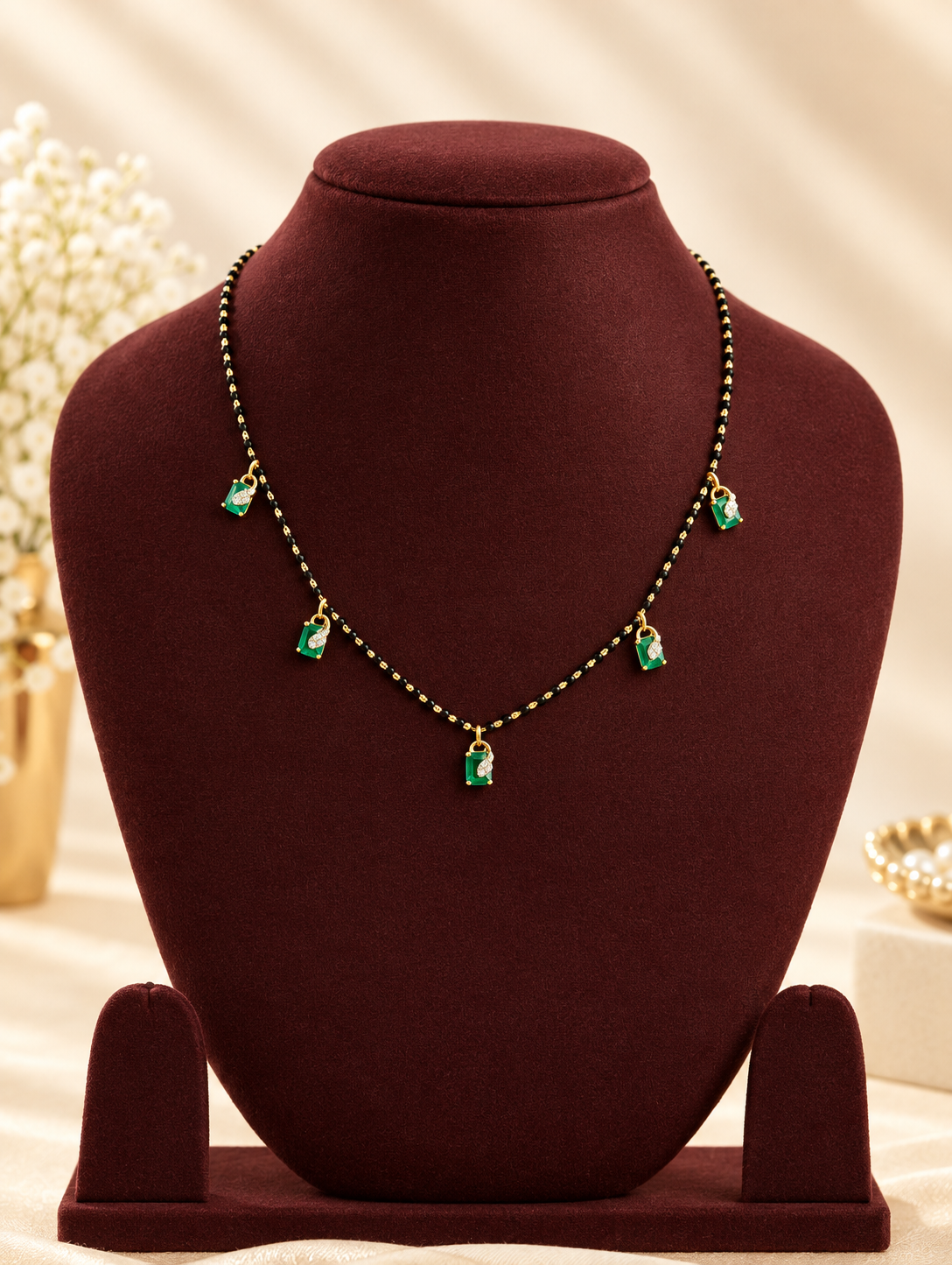 Emerald Charm Black Bead Mangalsutra