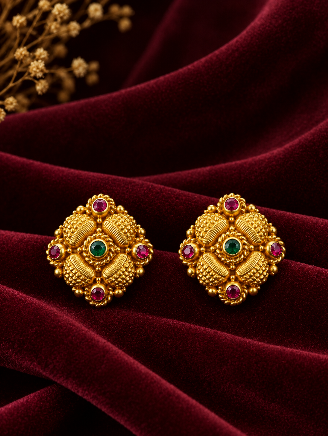 Regal Ruby Emerald Floral Stud Earrings