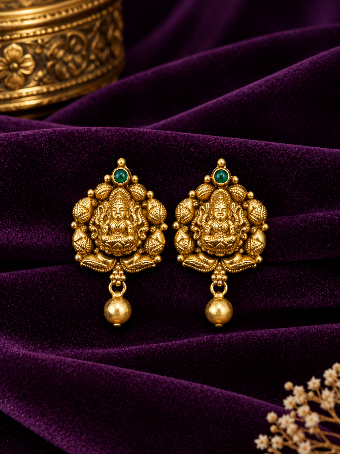 Divine Lakshmi Lotus Antique Gold Earrings