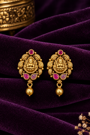 Ruby Lotus Lakshmi Antique Gold Earrings