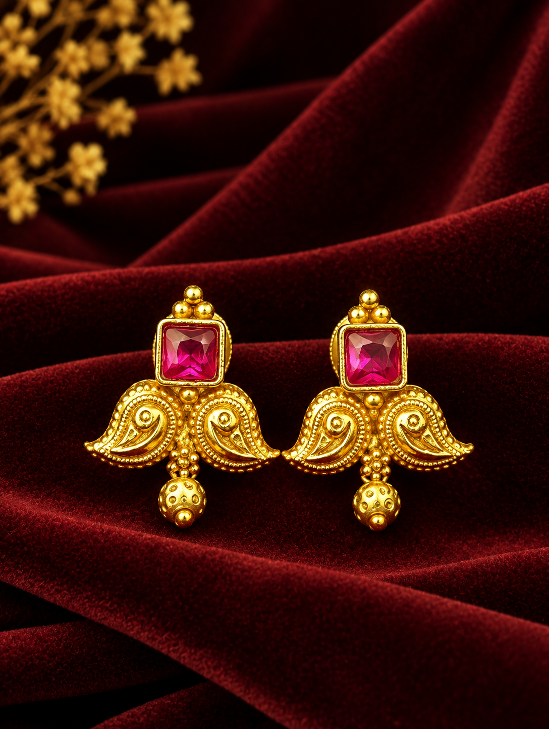 Royal Ruby Paisley Antique Gold Earrings