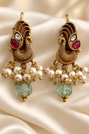 Heritage Mayura Pearl & Green Bead Bugadi