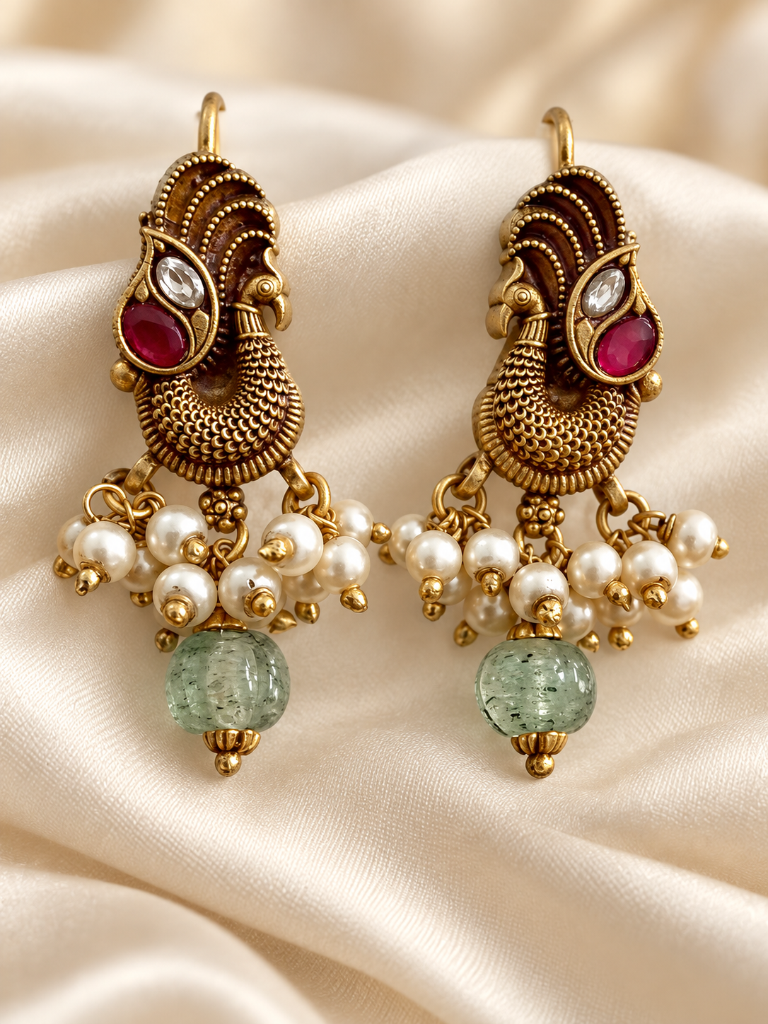Heritage Mayura Pearl & Green Bead Bugadi