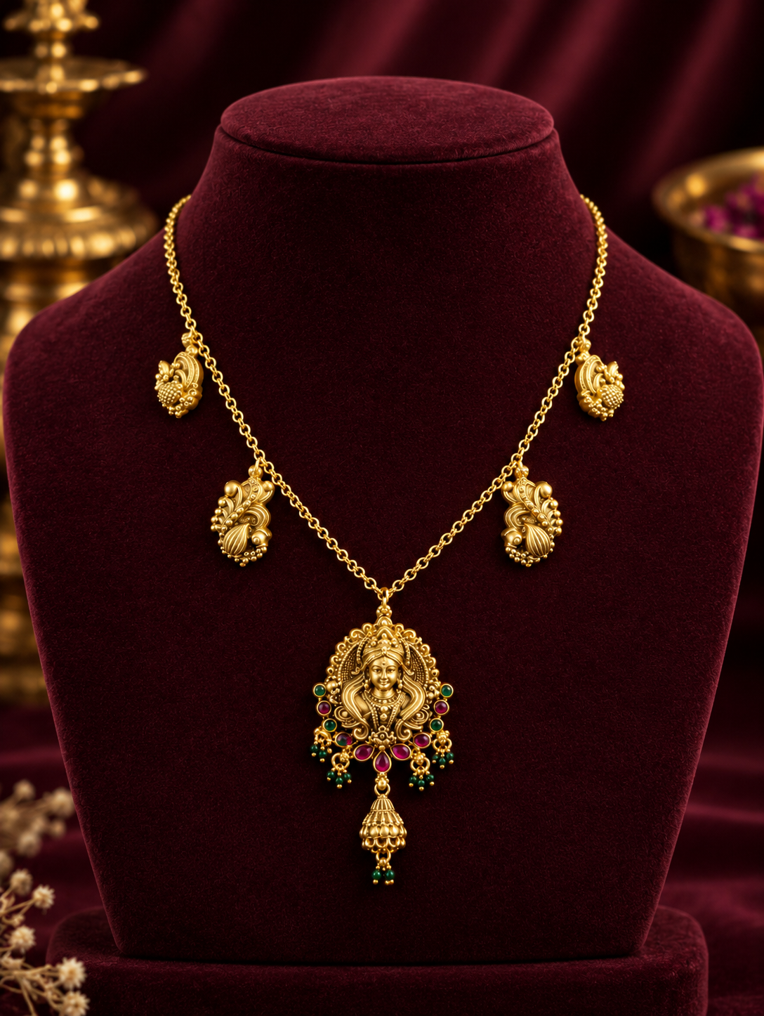 Divine Lakshmi Ruby-Emerald Temple Pendant Chain