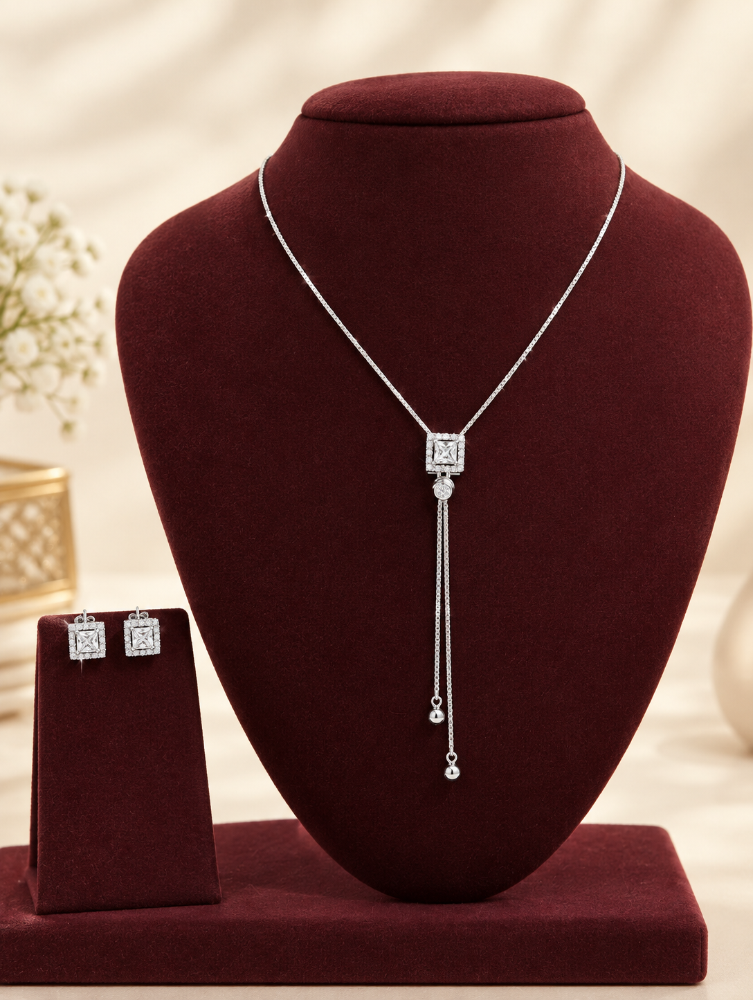Celestial Square Solitaire Lariat Necklace Set